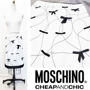 MOSCHINO CHEAP AND CHIC Womens White with Black Bows Straight Pencil Skirt 10